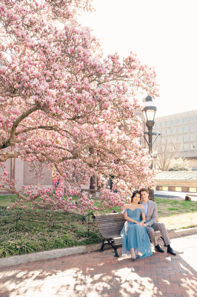 Kathleen Marie Ward photography dreamy engagement session at the Enid A. Haupt Garden at the Smithsonian Castle in Washington, DC during magnolia season
